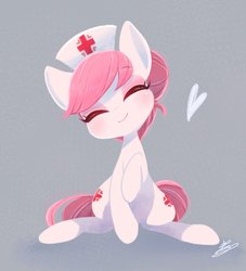 Size: 906x1000 | Tagged: safe, artist:sibashen, nurse redheart, earth pony, pony, blushing, cute, eyes closed, female, gray background, heart, heartabetes, mare, simple background, sitting, smiling, solo