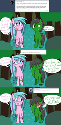 Size: 1280x2609 | Tagged: safe, artist:hummingway, oc, oc only, oc:feather hummingway, oc:swirly shells, ask-humming-way, dialogue, forest, tumblr, tumblr comic