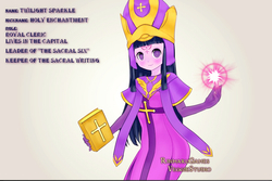Size: 900x601 | Tagged: safe, artist:leek-cn, twilight sparkle, human, g4, cleric, clothes, female, humanized, magic, rinmarugames, solo