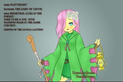 Size: 900x601 | Tagged: safe, artist:leek-cn, fluttershy, human, g4, clothes, female, flower, flower in hair, hair over one eye, hermit, humanized, lantern, solo, staff