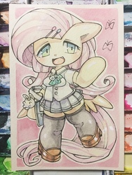 Size: 960x1280 | Tagged: safe, artist:mosamosa_n, fluttershy, rabbit, semi-anthro, g4, arm hooves, butt wings, clothes, cute, female, pleated skirt, school uniform, schoolgirl, shoes, shyabetes, simple background, skirt, socks, solo, thigh highs, traditional art, watercolor painting, zettai ryouiki