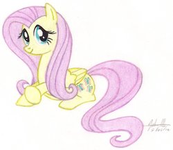 Size: 961x832 | Tagged: safe, artist:soulsliver249, fluttershy, pegasus, pony, g4, cute, female, looking at you, lying down, mare, prone, shyabetes, smiling, solo, traditional art