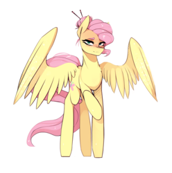 Size: 1874x1886 | Tagged: safe, artist:novabytes, fluttershy, g4, alternate hairstyle, female, hair bun, lidded eyes, raised hoof, simple background, smiling, solo, spread wings, transparent background