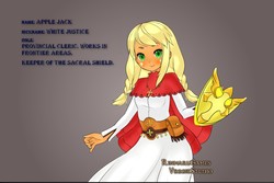 Size: 900x601 | Tagged: safe, artist:leek-cn, applejack, human, g4, cleric, clothes, cross, female, humanized, pouch, rinmarugames, robes, shield, simple background, solo
