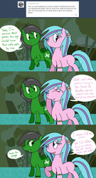 Size: 1280x2374 | Tagged: safe, artist:hummingway, oc, oc only, oc:feather hummingway, oc:swirly shells, ask-humming-way, dialogue, forest, tumblr, tumblr comic