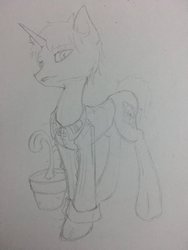 Size: 1024x1365 | Tagged: safe, artist:adetuddymax, oc, oc only, oc:nahuelin, pony, unicorn, clothes, draft, male, request, requested art, solo, traditional art, uniform