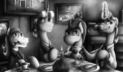 Size: 1250x731 | Tagged: safe, artist:jamescorck, flam, flim, lucky clover, silver shill, g4, alcohol, brothers, clothes, dinner, flim flam brothers, glass, grayscale, hatless, missing accessory, monochrome, necktie, smoking, story included, suit, wine