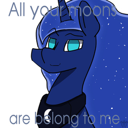 Size: 2000x2000 | Tagged: safe, artist:mopyr, derpibooru exclusive, princess luna, g4, all your base are belong to us, bust, caption, female, high res, looking at you, portrait, raised eyebrow, simple background, smiling, solo, white background