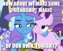 Size: 621x508 | Tagged: safe, edit, edited screencap, screencap, starlight glimmer, trixie, pony, unicorn, g4, to where and back again, blushing, female, image macro, implied lesbian, implied sex, lesbian, mare, meme, ship:startrix, shipping, trixie's wagon