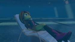 Size: 1920x1080 | Tagged: safe, artist:blumppidy, sunset shimmer, equestria girls, g4, 3d, beach chair, boots, chair, clothes, female, high heel boots, holding breath, jacket, looking up, request, skirt, solo, source filmmaker, underwater, water