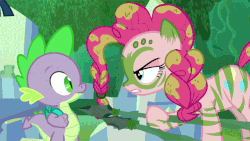 Size: 640x360 | Tagged: safe, screencap, pinkie pie, spike, dragon, earth pony, pony, g4, the cutie re-mark, alternate timeline, animated, bodypaint, burp, chrysalis resistance timeline, coughing, female, fire, fire breath, gif, male, mare, mud, muddy, scared, smoke, spear, stone spear, subtitles, tribal pie, war paint, weapon