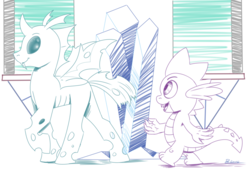 Size: 1280x868 | Tagged: safe, artist:swiftsketchpone, spike, thorax, changeling, g4, monochrome, sketch
