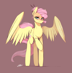 Size: 1874x1886 | Tagged: safe, artist:novabytes, fluttershy, pegasus, pony, g4, alternate hairstyle, bedroom eyes, brown background, female, hair bun, lidded eyes, looking at you, mare, raised hoof, simple background, solo, spread wings