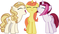 Size: 3423x1997 | Tagged: safe, artist:ironm17, cayenne, citrus blush, sweet biscuit, pony, g4, eyes closed, group, nuzzling, simple background, smiling, snuggling, transparent background, vector