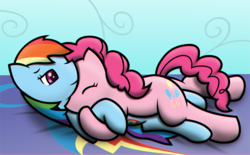 Size: 6851x4235 | Tagged: safe, artist:t.f.a.n.c.s., pinkie pie, rainbow dash, g4, absurd resolution, bed, eyes closed, female, lesbian, ship:pinkiedash, shipping, snuggling