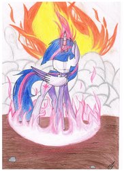 Size: 1024x1408 | Tagged: safe, artist:feathershine1, twilight sparkle, alicorn, pony, g4, female, fire, glowing eyes, solo, traditional art, twilight sparkle (alicorn)