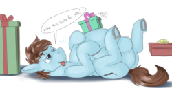 Size: 2730x1402 | Tagged: safe, artist:swiftsketchpone, oc, oc only, oc:naisol, oc:swift sketch, earth pony, pony, belly, butt, fetish, lying down, male, male pred, on back, plot, present, stallion, tongue out, vore