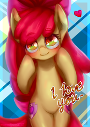 Size: 2507x3541 | Tagged: safe, artist:monochromacat, apple bloom, earth pony, pony, g4, adorabloom, bipedal, blushing, bow, commission, cute, female, filly, foal, hair bow, heart, high res, hind legs, i love you, legs together, looking at you, smiling, solo