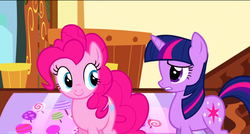 Size: 1360x730 | Tagged: safe, screencap, pinkie pie, twilight sparkle, pony, g4, griffon the brush off, my little pony: friendship is magic, smiling, sugarcube corner