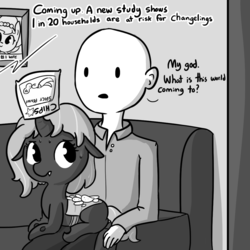 Size: 1080x1080 | Tagged: safe, artist:tjpones, oc, oc only, oc:brownie bun, oc:chips, oc:richard, changeling, changeling queen, earth pony, human, pony, horse wife, #1 wife, changeling oc, changeling queen oc, chips, comic, dialogue, female, food, grayscale, human male, male, mare, monochrome, open mouth, paper-thin disguise, picture, picture frame, single panel, sweat, tumblr