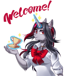 Size: 805x900 | Tagged: safe, artist:margony, oc, oc only, oc:flydry, oc:flying dream, unicorn, anthro, anthro oc, clothes, female, glowing horn, horn, looking at you, magic, simple background, smiling, solo, transparent background, welcome