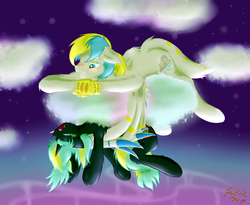 Size: 2928x2400 | Tagged: safe, artist:frist44, oc, oc only, oc:cirrus sky, oc:electro current, hippogriff, aurora borealis, cirrent, cloud, crossed arms, digital multimeter, high res, sleeping, wing hold, wings