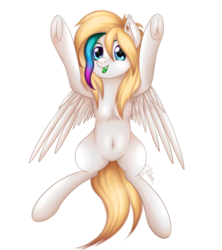 Size: 1600x1800 | Tagged: safe, artist:puggie, oc, oc only, oc:veleya, hybrid, armpits, belly button, commission, female, filly, foal, looking at you, offspring, parent:oc:arus, parent:oc:hazy, parents:harus, parents:oc x oc, sharp teeth, simple background, solo, teeth, transparent background, underhoof