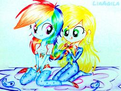 Size: 1888x1421 | Tagged: safe, artist:liaaqila, applejack, rainbow dash, equestria girls, g4, braid, clothes, controller, cute, dashabetes, duo, footed sleeper, jackabetes, looking at each other, pajamas, slumber party, smiling, traditional art