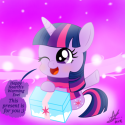 Size: 2048x2048 | Tagged: safe, artist:matchapony, twilight sparkle, pony, g4, blushing, clothes, cute, female, gift giving, high res, looking up, one eye closed, open mouth, present, scarf, sitting, smiling, solo, speech bubble, twiabetes, wink