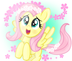 Size: 2048x1736 | Tagged: safe, artist:matchapony, fluttershy, pony, g4, cute, female, floral head wreath, flower, looking up, open mouth, shyabetes, smiling, solo, spread wings, wings