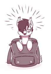 Size: 1085x1569 | Tagged: safe, artist:xieril, oc, oc only, oc:dusk rhine, bat pony, pony, adorkable, backpack, batpack, chest fluff, cute, dork, fangs, glasses, hair over one eye, happy, looking at you, male, solo, stallion