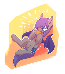 Size: 2334x2665 | Tagged: safe, artist:xieril, oc, oc only, oc:dusk rhine, bat pony, pony, adorkable, chest fluff, cute, cutie mark, dork, fangs, food, fruit, glasses, hair over one eye, happy, high res, male, nibbling, nom, orange, solo, stallion