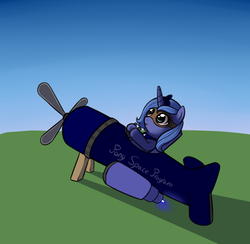 Size: 1115x1088 | Tagged: safe, artist:neuro, princess luna, alicorn, pony, g4, female, filly, goggles, hoof hold, plane, rocket, s1 luna, smiling, solo, space program, this will end in tears and/or a journey to the moon, woona, younger