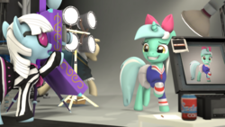 Size: 2560x1440 | Tagged: safe, artist:redaceofspades, lyra heartstrings, photo finish, earth pony, pony, unicorn, g4, 3d, bow, camera, camera shot, clothes, cute, expression, hair bow, lights, logo, lyrabetes, mannequin, photo shoot, pose, shirt, skirt, smiling, soda can, source filmmaker, stage, team fortress 2, uniform