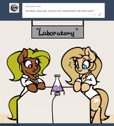 Size: 1280x1420 | Tagged: safe, artist:slavedemorto, oc, oc only, oc:backy, oc:kiwi, pony, ask, bipedal, bipedal leaning, bubble, clothes, erlenmeyer flask, experiment, innuendo, lab coat, leaning, looking down, open mouth, sweat, tumblr