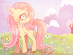 Size: 1200x900 | Tagged: safe, artist:markoikoi, fluttershy, g4, female, flower field, folded wings, looking away, pastel colors, profile, solo, turned head