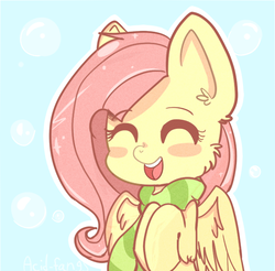 Size: 613x604 | Tagged: dead source, safe, artist:acid-fangs, fluttershy, g4, blush sticker, blushing, bust, clothes, cute, eyes closed, female, happy, portrait, scarf, shyabetes, smiling, solo