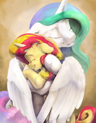 Size: 825x1050 | Tagged: safe, artist:silfoe, princess celestia, sunset shimmer, alicorn, pony, unicorn, g4, :t, cute, duo, duo female, eyes closed, female, floppy ears, forgiveness, grin, heartwarming in hindsight, hug, missing accessory, momlestia, reunion, simple background, smiling, teacher and student, the prodigal sunset, winghug