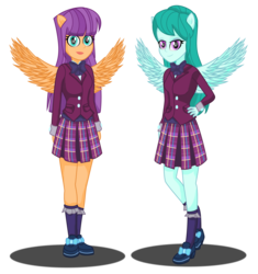 Size: 2903x3082 | Tagged: safe, artist:deannaphantom13, cold forecast, ginger owlseye, equestria girls, g4, my little pony equestria girls: friendship games, clothes, crystal prep academy, crystal prep academy uniform, crystal prep shadowbolts, cute, duo, duo female, female, high heels, high res, pleated skirt, ponied up, school uniform, shoes, simple background, skirt, socks, transparent background, vector, wings