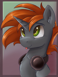 Size: 3000x4000 | Tagged: safe, artist:ardail, oc, oc only, oc:thinker, pony, unicorn, bust, ear fluff, headphones, high res, smiling, solo, tongue out