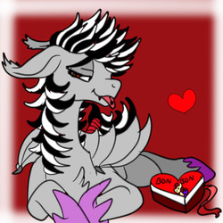 Size: 400x400 | Tagged: safe, artist:brainiac, oc, oc only, oc:ashe, oc:carlee, bat pony, pony, box of chocolates, cute, fangs, female, heart, lidded eyes, mare, night guard, piercing, solo