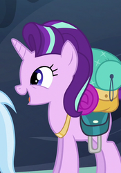 Size: 315x450 | Tagged: safe, screencap, starlight glimmer, trixie, pony, unicorn, g4, to where and back again, bag, cropped, cute, female, glimmerbetes, mare, open mouth, smiling, solo focus