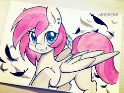 Size: 1600x1200 | Tagged: safe, artist:mrsremi, oc, oc only, oc:rouge swirl, pegasus, pony, feather, solo, traditional art