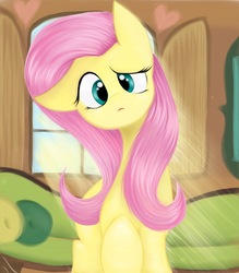 Size: 994x1136 | Tagged: safe, artist:lcpegasister75, fluttershy, pony, g4, confluttershy, confused, crepuscular rays, female, head tilt, interior, looking at you, raised hoof, solo