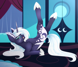 Size: 2618x2268 | Tagged: safe, artist:minelvi, princess luna, alicorn, pony, g4, alternate design, alternate universe, ear fluff, female, high res, hoof shoes, indoors, licking, licking lips, mare, on back, solo, tattoo, tongue out, two toned wings, white-haired luna, wings