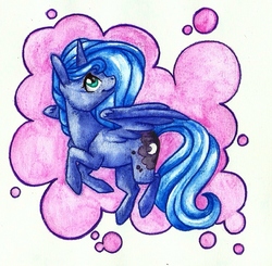 Size: 1001x982 | Tagged: safe, artist:twixyamber, princess luna, g4, female, flying, s1 luna, solo, traditional art