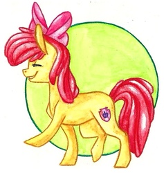 Size: 724x765 | Tagged: safe, artist:twixyamber, apple bloom, g4, apple bloom's bow, bow, eyes closed, female, hair bow, solo, traditional art, walking