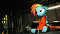 Size: 1920x1080 | Tagged: safe, artist:powdan, rainbow dash, g4, 3d, bound wings, chains, clothes, crying, gmod, jail, prison, prison outfit, prisoner rd, royal guard