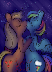 Size: 2236x3057 | Tagged: safe, artist:helloiamyourfriend, applejack, rainbow dash, earth pony, pegasus, pony, g4, duo, eyes closed, failed 30 minute challenge, female, fireworks, high res, holding hooves, kiss on the lips, kissing, lesbian, mare, ship:appledash, shipping, sketch, text