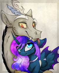 Size: 1820x2263 | Tagged: safe, artist:magnaluna, discord, princess luna, alicorn, draconequus, pony, g4, curved horn, cute, cute little fangs, fangs, galaxy mane, horn, hug, lunabetes, male, ship:lunacord, shipping, straight, tongue out